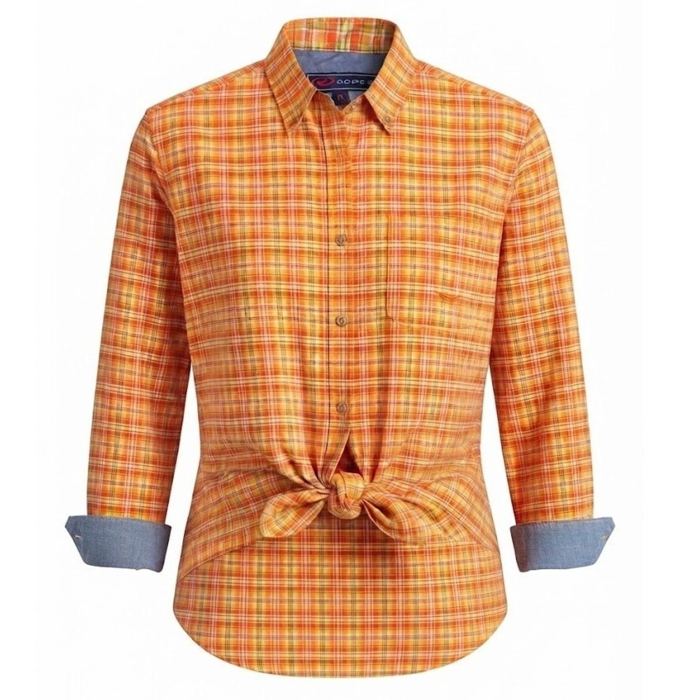 Roper Womens 1X Yellow Orange Plaid Tie Front Button Down Cotton Shirt